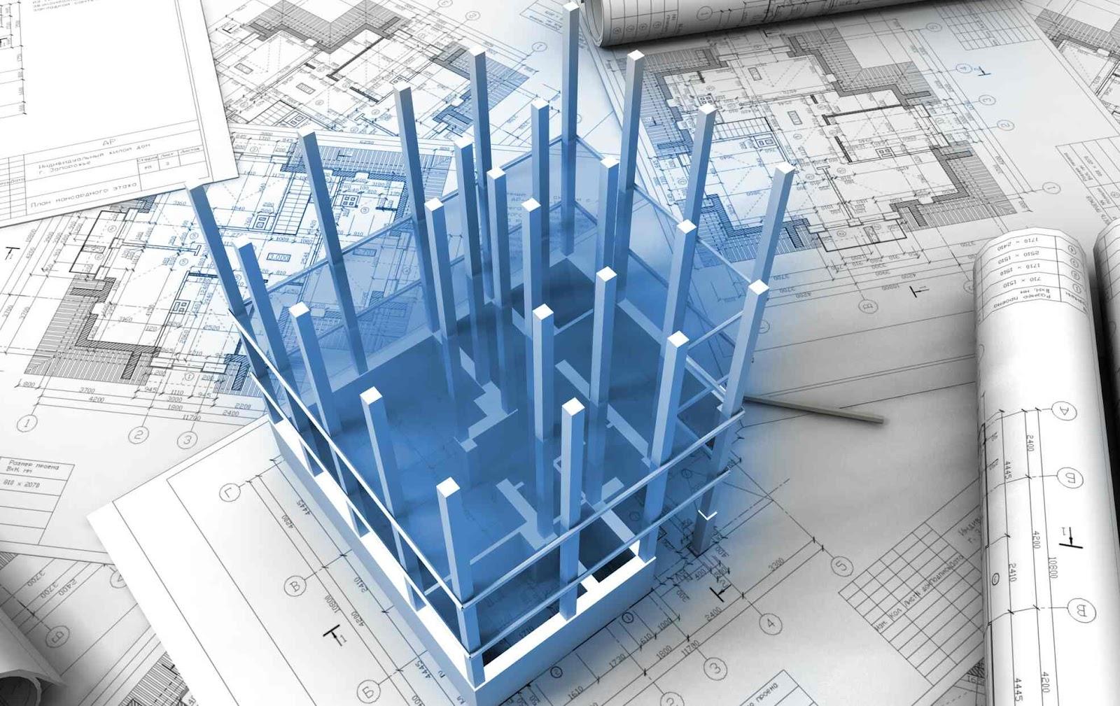 A detailed architectural blueprint is spread on a table with rolled-up blueprints beside it. A 3D model of a building frame, designed using BIM software, is placed on top, showcasing vertical columns and floor layouts.