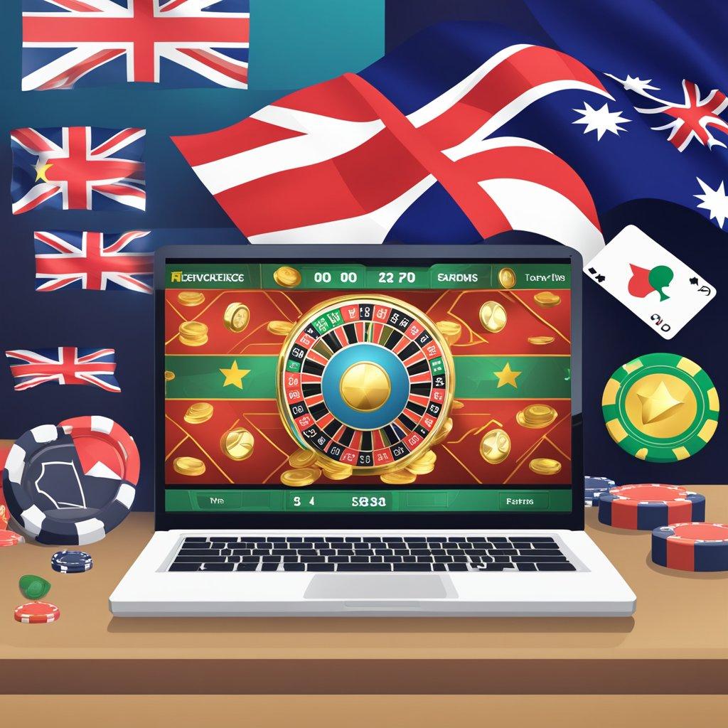 A computer screen displaying various online casino bonus offers with an Australian flag in the background