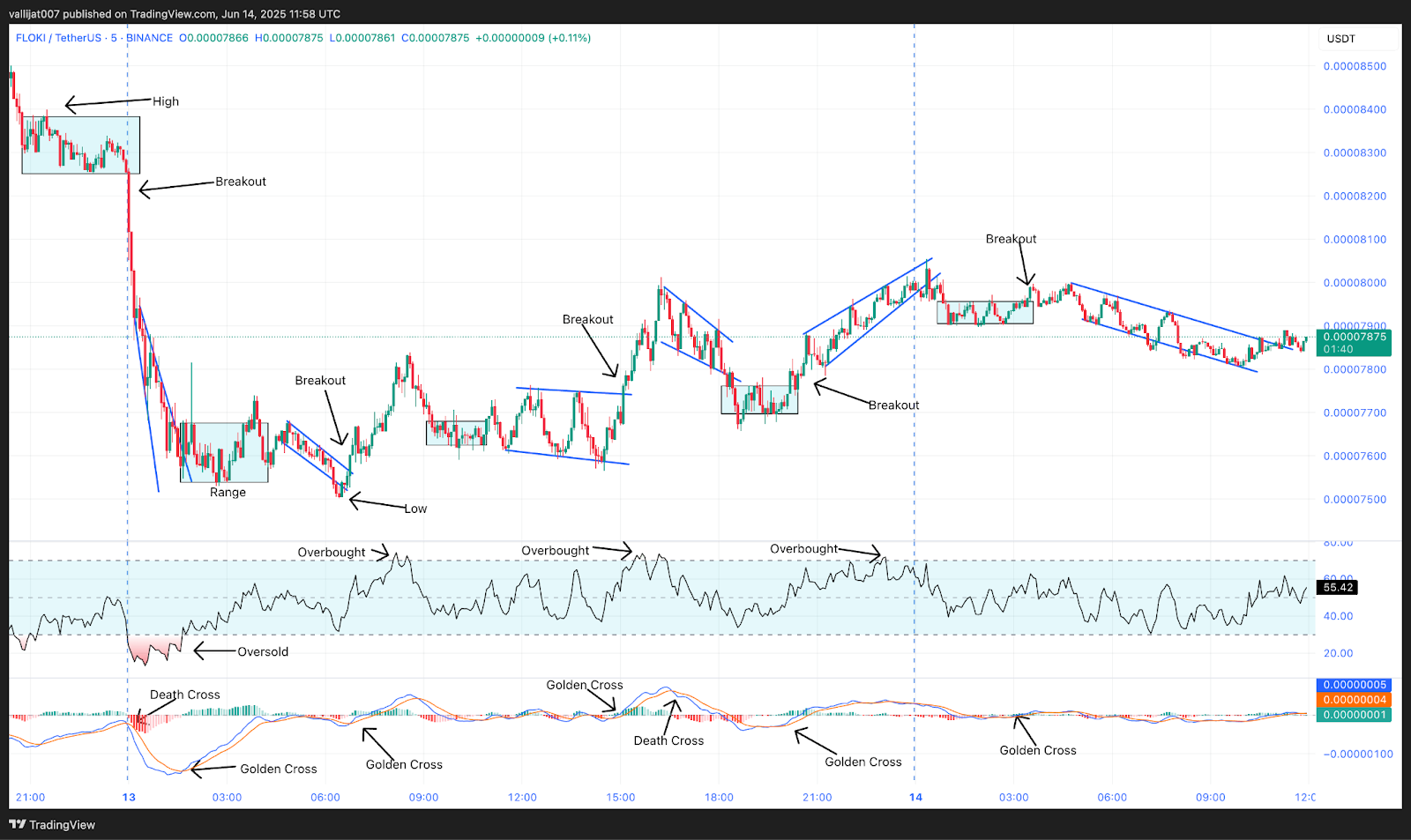 Chart 6: FLOKI/USDT M5 Chart, Analysed by vallijat007, published on TradingView, June 14, 2025
Floki price