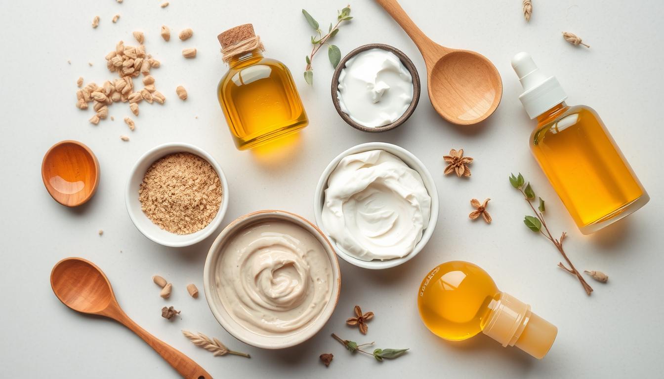 Various Ashwagandha preparations for skin and hair care including powders, oils and masks