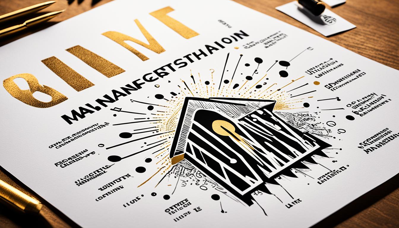 An image of a white piece of paper with the words "Manifestation Letter" written in bold black letters at the top. The paper should be surrounded by various symbols representing different desires, such as a house for home ownership, a diploma for education, or a heart for love. The paper should have a golden aura radiating from it, representing the magnetic energy that attracts the desired message. In the background, include a bright light symbolizing inspired action and a faint image of someone putting themselves out there.