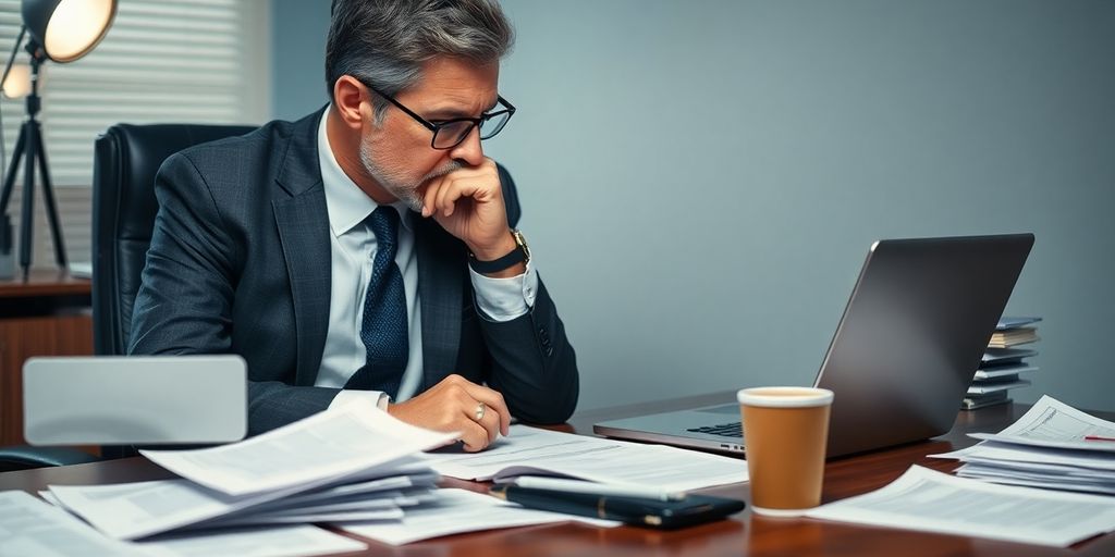 Investor pondering decisions amidst scattered papers and coffee.