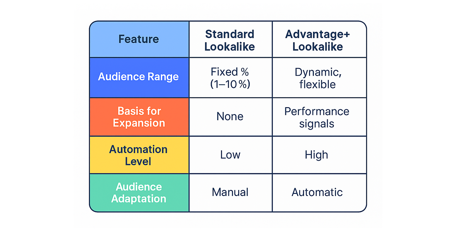 A comparison table on a white background, contrasting Standard Lookalike and Advantage+ Lookalike across features like audience range, automation, and performance-based expansion