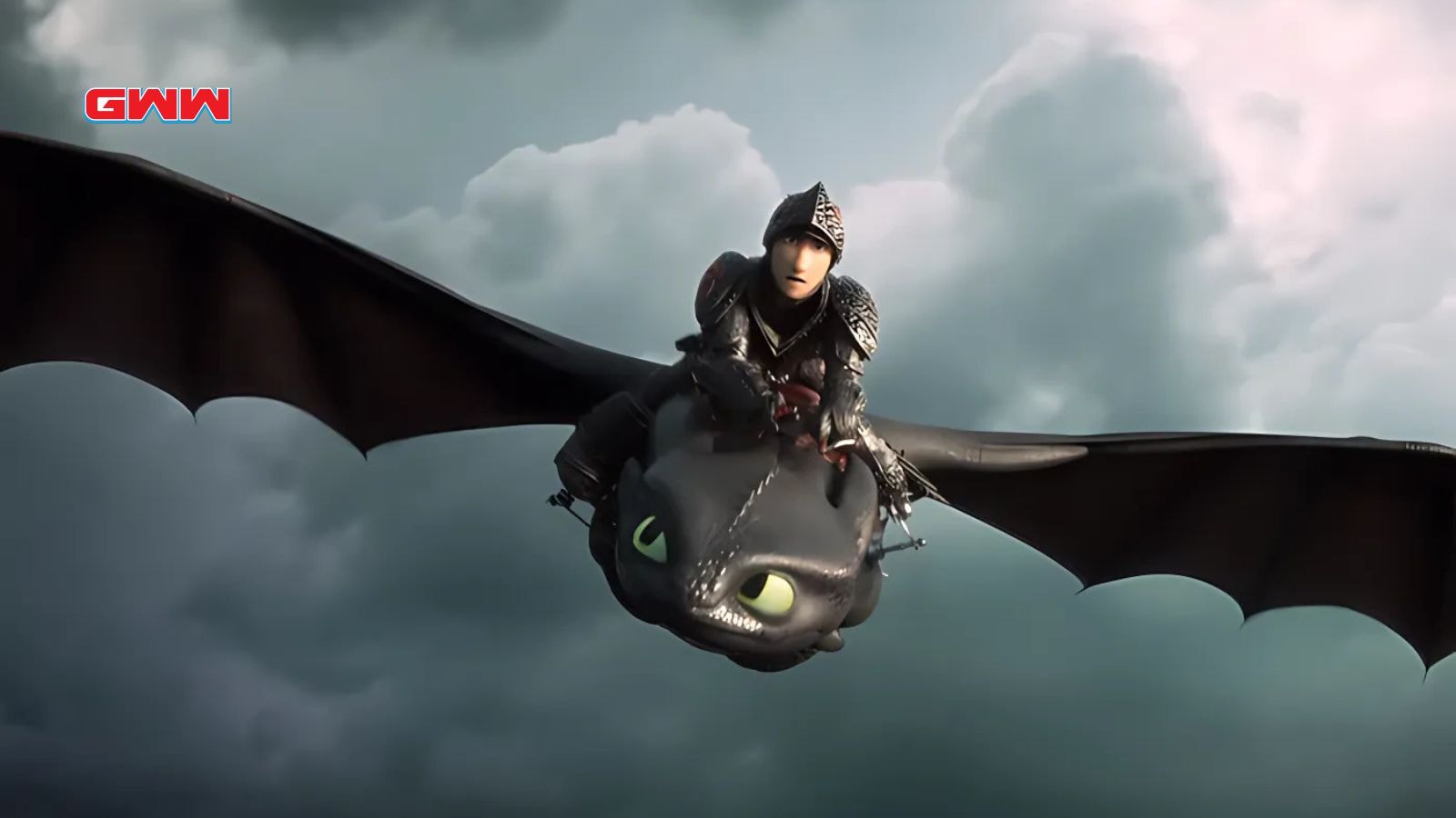 Hiccup riding Toothless in How to Train Your Dragon Animated Movie