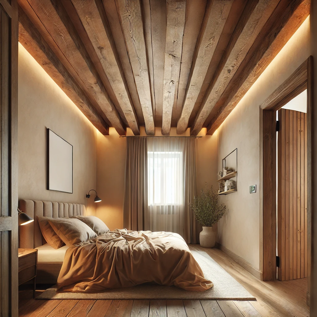 Rustic charm meets modern elegance with wooden beams.