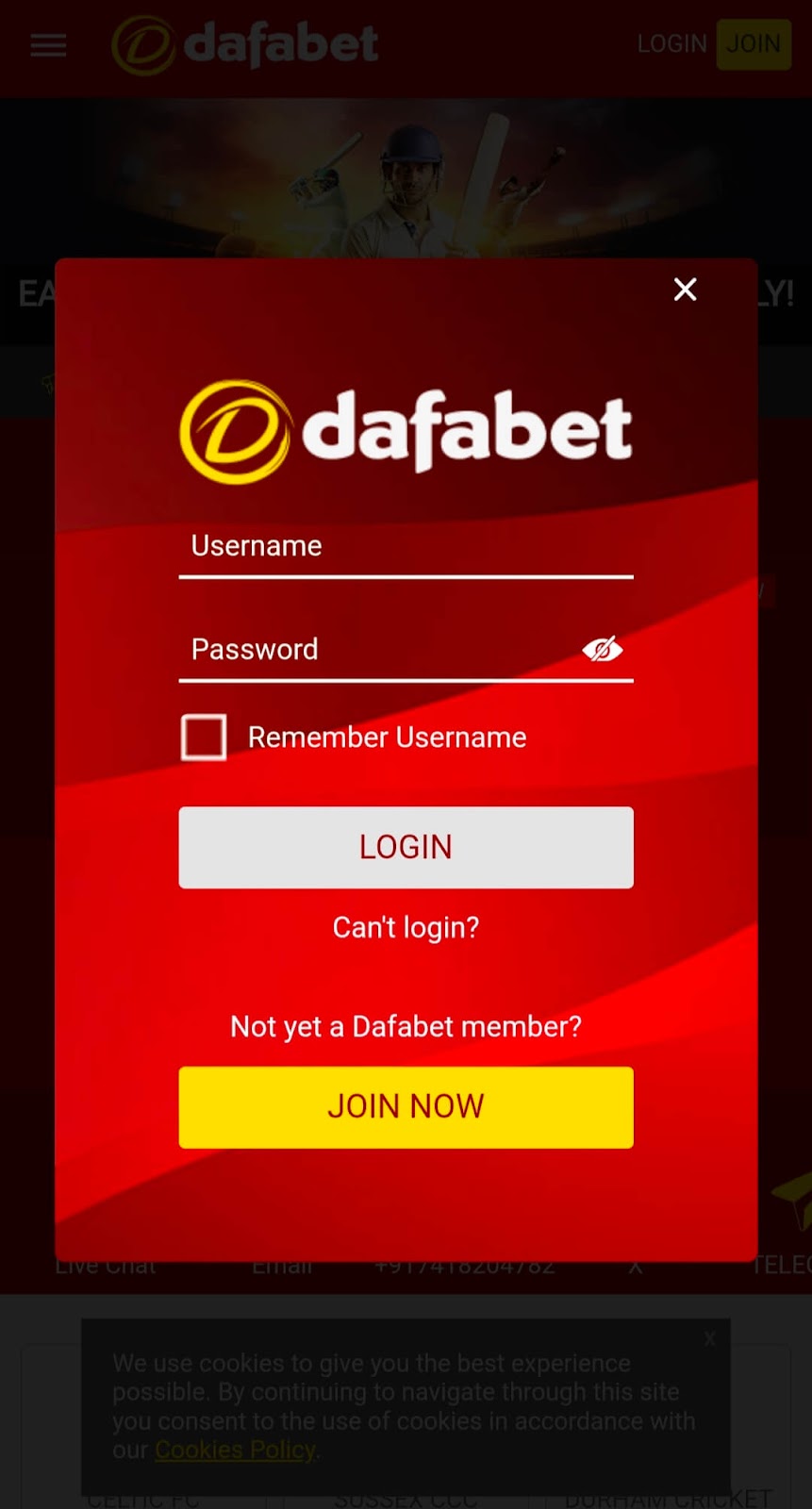 Dafabet login or join now page mobile app