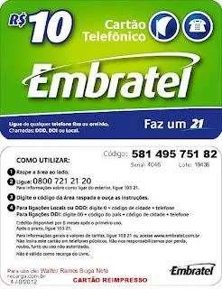 Cartão Embratel vencido/inválido