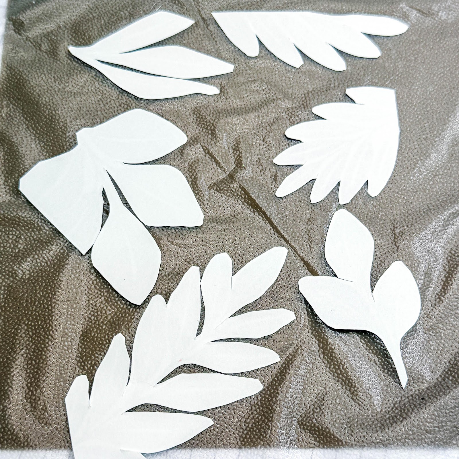 A group of white leaves cut out on a brown surface

Description automatically generated