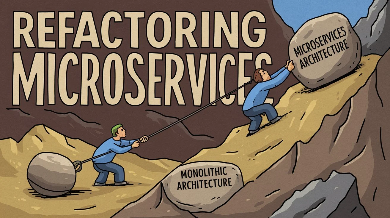 Humorous illustration of developers avoiding accidental monoliths during refactoring.