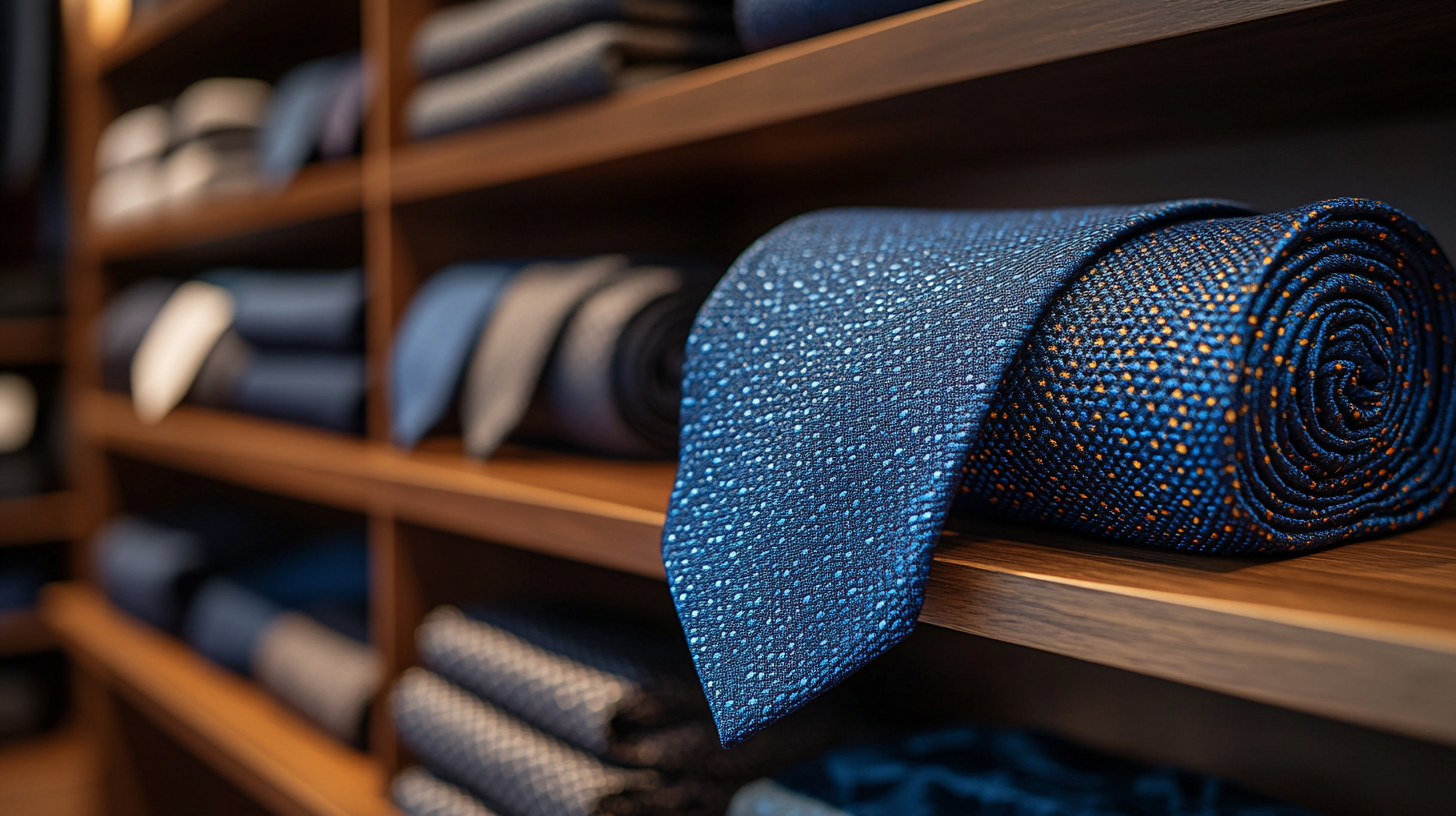 Full view of a blue tie, neatly folded or draped, vibrant blue color, smooth fabric texture, with a wardrobe full of suits and ties on a shelf in the background, modern and elegant display