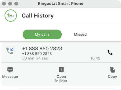 Ringostat Smart Phone, menu of call history