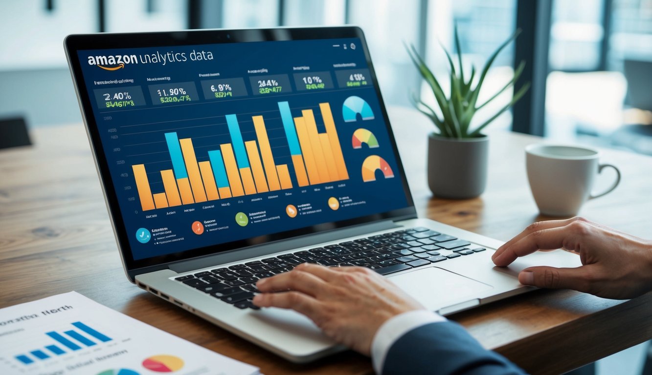 A laptop displaying Amazon Analytics data with marketing strategy notes and charts