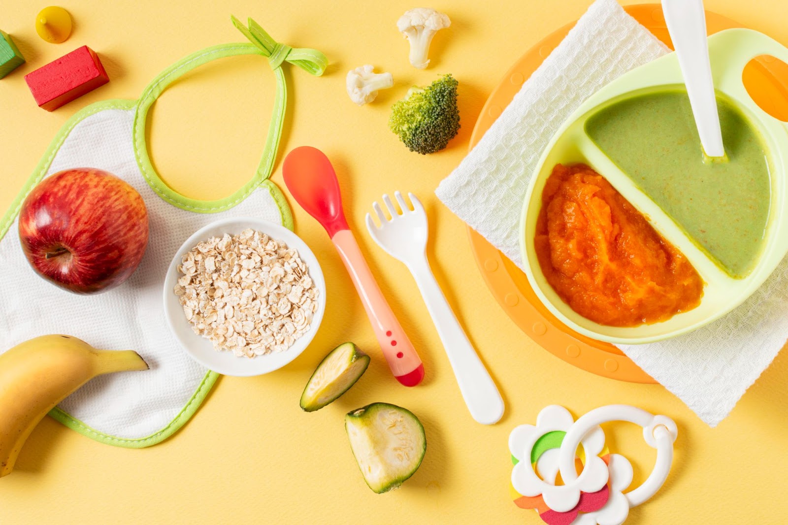 Variety of baby food options with teething rings