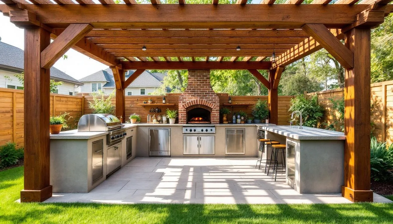 A stylish outdoor kitchen is sheltered by a modern pergola, featuring a grill, pizza oven, and bar seating on stone countertops, creating an inviting outdoor living space perfect for entertaining family and friends. The pergola's roof provides shade, enhancing this luxurious outdoor oasis for social cooking and dining.