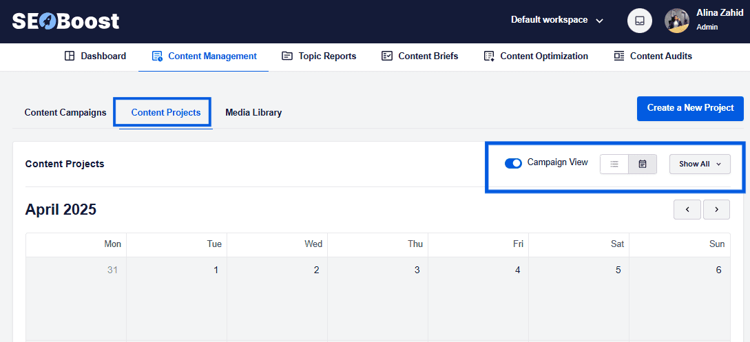 A snapshot of content projects view in SEOBoost’s Content Management feature