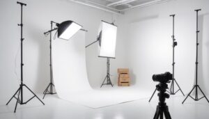 Professional photo studio setup with lights, camera, and white backdrop.