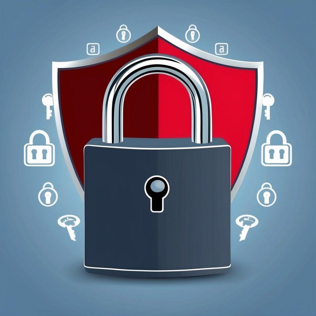 A padlock with a shield in the background, surrounded by a digital lock and key symbols