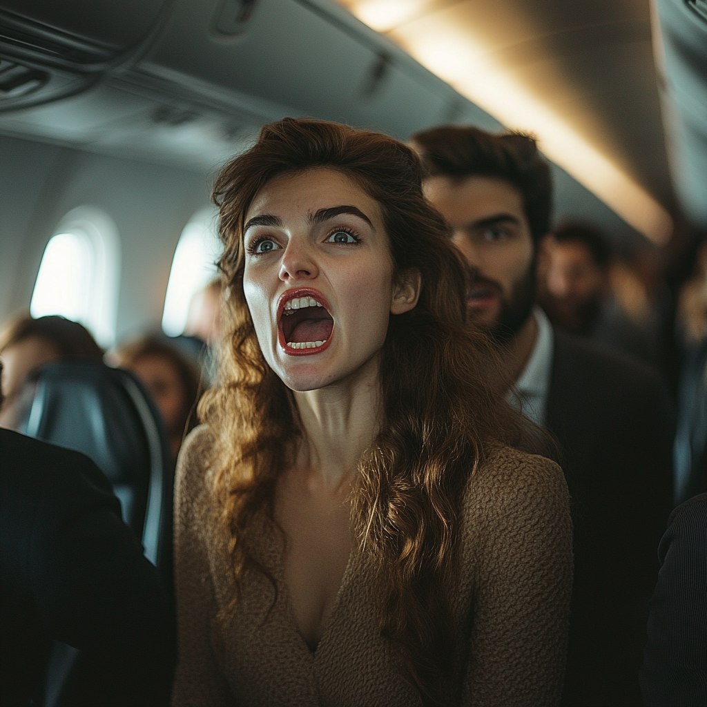 An angry passenger shouting on a plane | Source: Midjourney