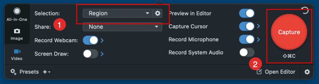 Snagit capture menu