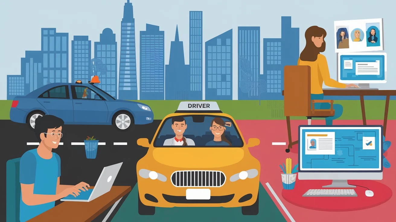 An overview illustration showing various gig economy jobs such as ride-sharing, freelance writing, and graphic design.