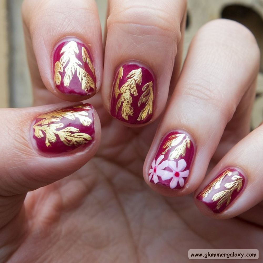 Short Fall Nail having Gold Foil Highlights
