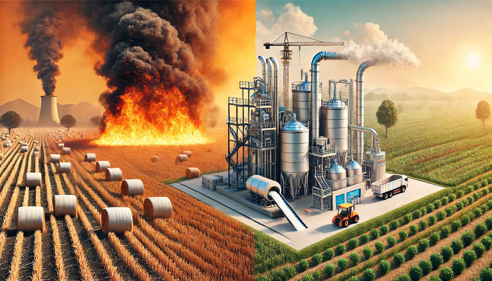 Image visually captures the contrast between Stubble burning and the sustainable energy solution offered by bioethanol production