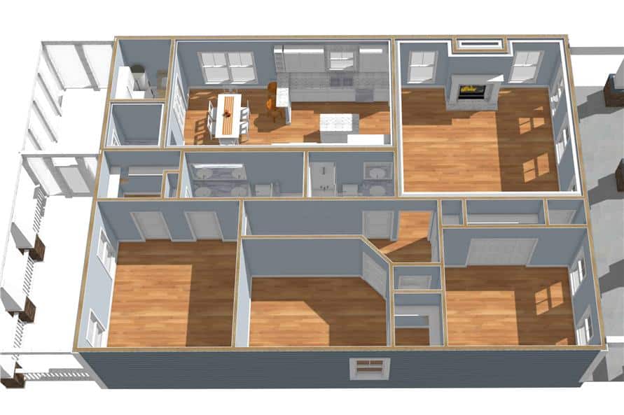 3d floor plan of the single-story 3-bedroom country style ranch.
