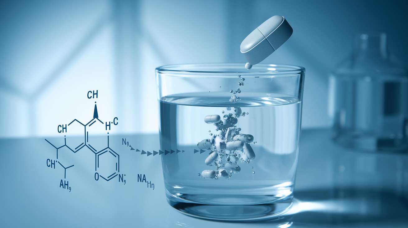 Create a realistic image of a scientific cross-section diagram showing a tablet dissolving and being absorbed in the bloodstream, with chemical structure diagrams floating nearby, clean medical background in soft blue tones, professional lighting highlighting the absorption process, and small arrows indicating the medication's pathway through the body's systems.