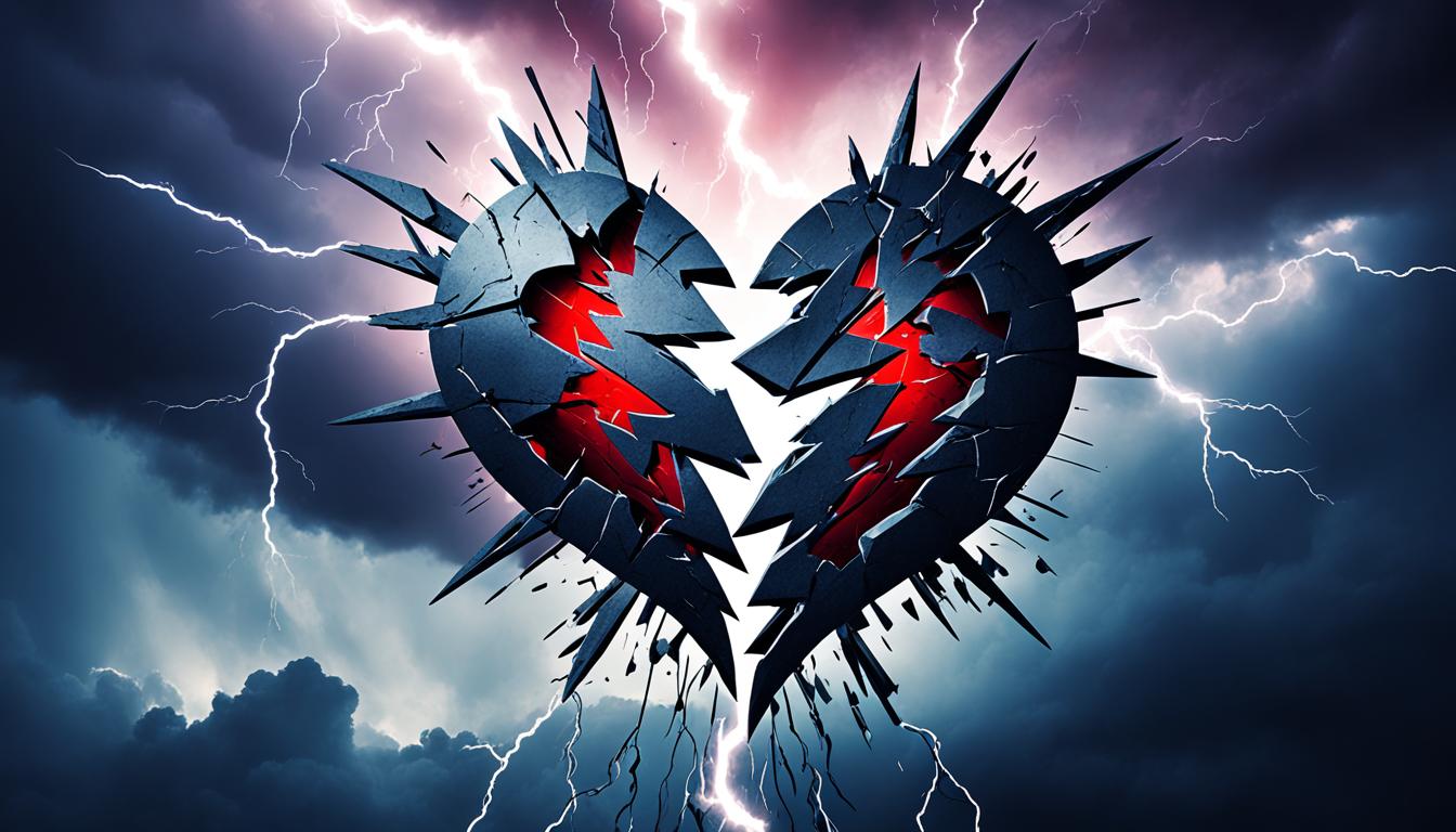 An image of a broken heart with two halves separated, surrounded by dark clouds and lightning bolts, symbolizing the manifestation of a couple's breakup.