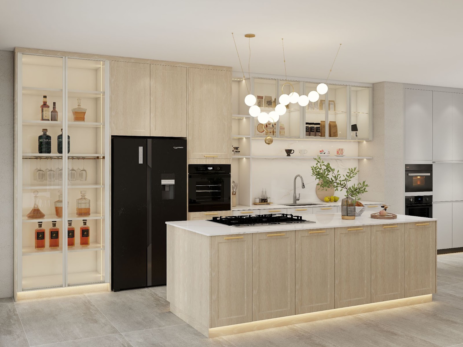 Kitchen with light wood cabinets, a central island cooktop, and backlit glass shelving for storage and decorative display.
