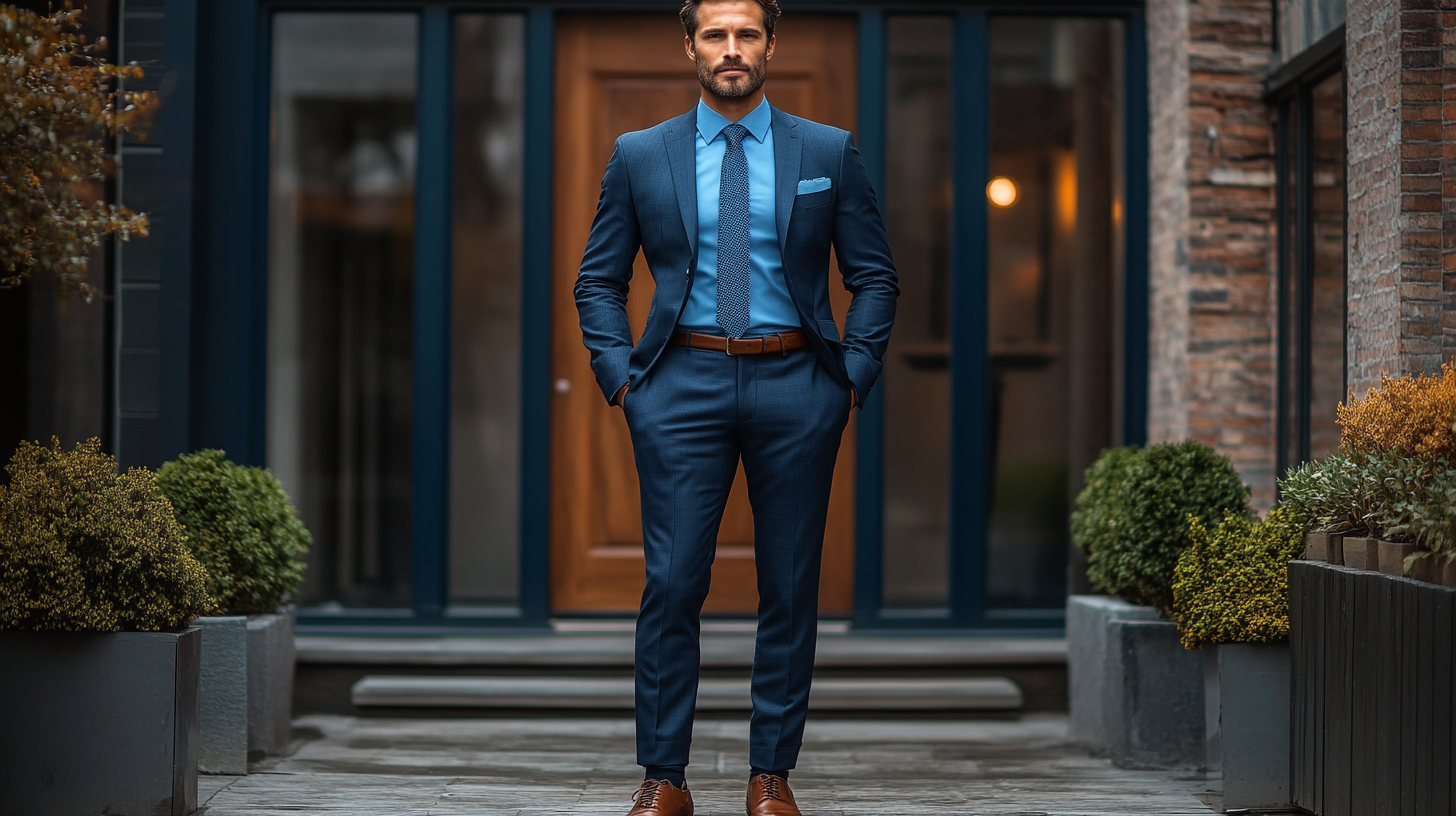 A modern and sleek man in a monochromatic navy blue suit, matching blue dress shirt, and a contrasting tie. He stands firmly with a confident posture in an urban setting with contemporary architecture. The full-body shot highlights his tailored look, polished dress shoes, and sophisticated aura, perfect for a professional or business occasion.