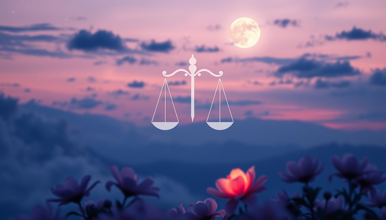 A serene landscape under a twilight sky, featuring the Libra symbol composed of delicate scales, surrounded by ethereal clouds and shimmering stars, with soft moonlight casting a gentle glow on blooming flowers symbolizing harmony and balance, reflecting a sense of tranquility and manifestation energy.