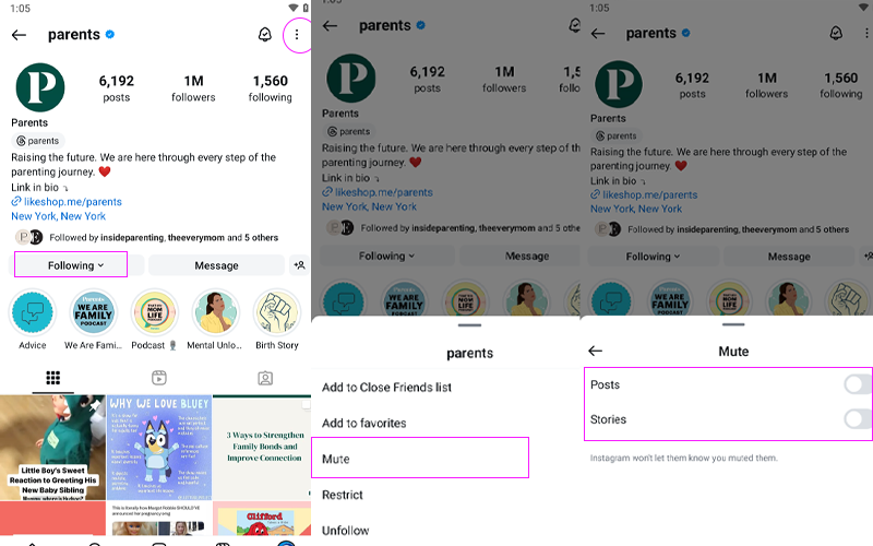 mute instagram posts/stories