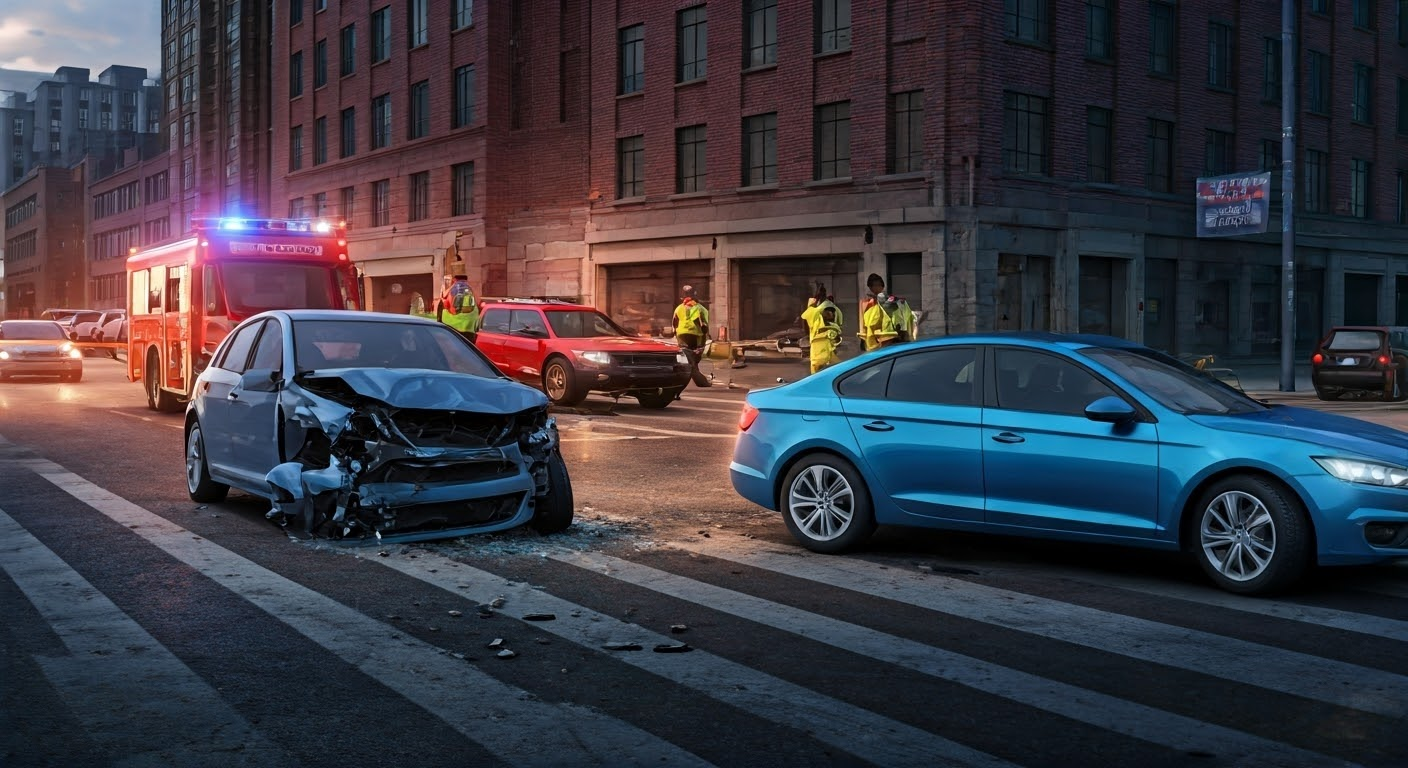 Car accident scene with emergency services