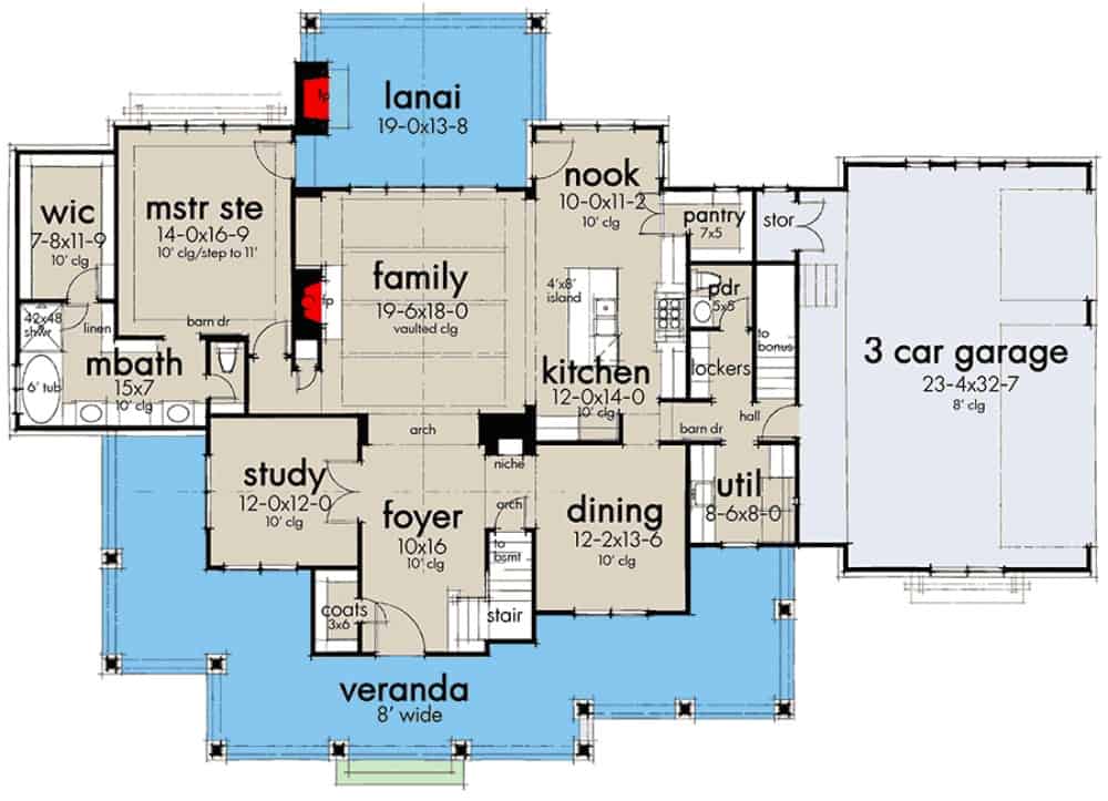 Main level floor plan of a two-story 4-bedroom modern farmhouse with a wraparound front porch, foyer, formal dining room, family room, kitchen, breakfast nook, utility room, study, and primary suite with access to the lanai.