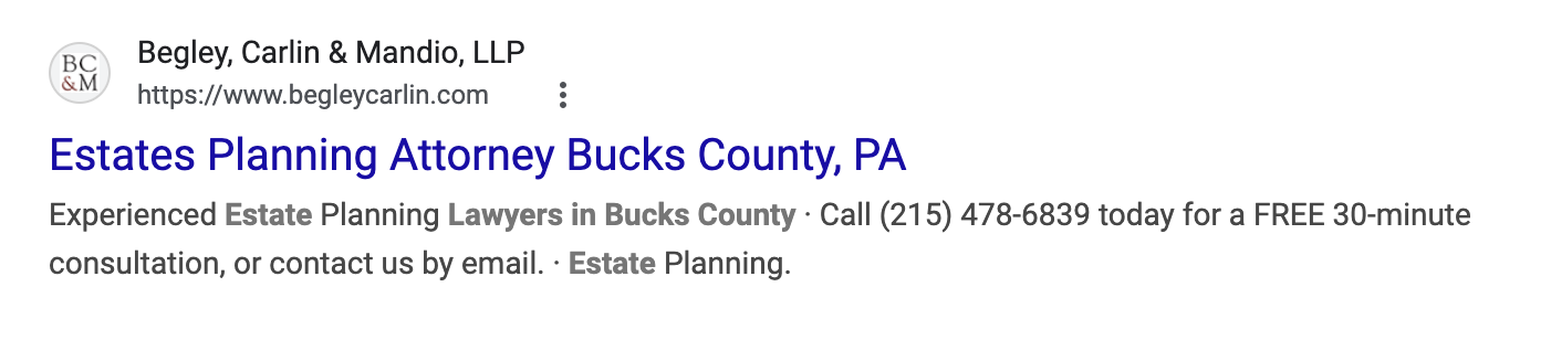 The ethical example of the local search result for the estates planning attorney in Bucks County, PA