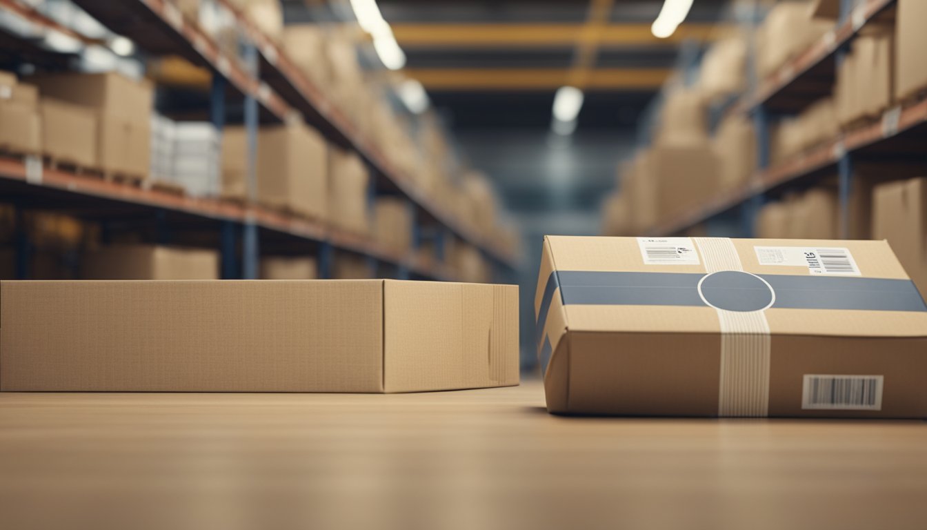 A package being picked from a shelf and placed in a shipping box