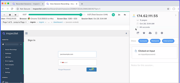 Inspectlet dashboard