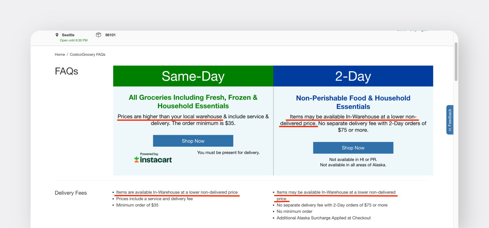 Costco's online grocery FAQ page emphasizing higher delivery prices versus in-store pricing, with Instacart branding.