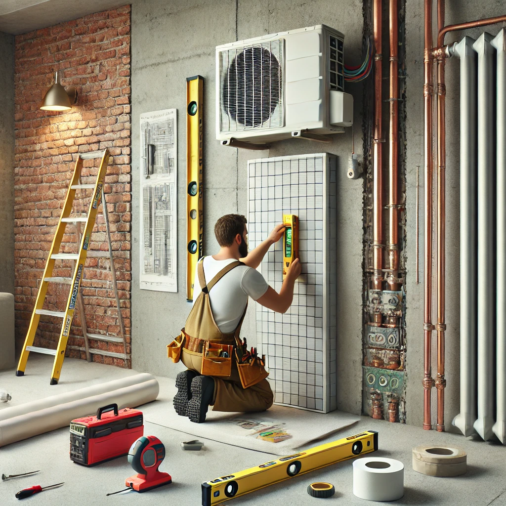 Technician installing PTAC wall sleeve in a brick wall using level and core drill for precise alignment.