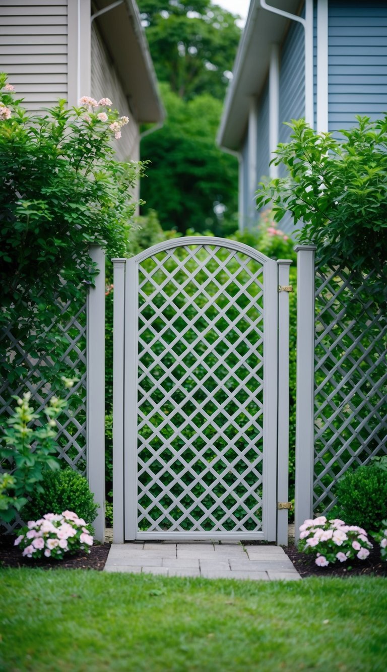 A lattice fence separates two houses, surrounded by lush greenery and flowers, providing privacy and creating a serene landscaping feature