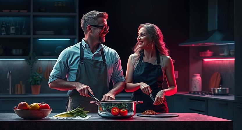 A couple standing side by side at a kitchen island, both wearing aprons, laughing as they stir a pot and chop vegetables