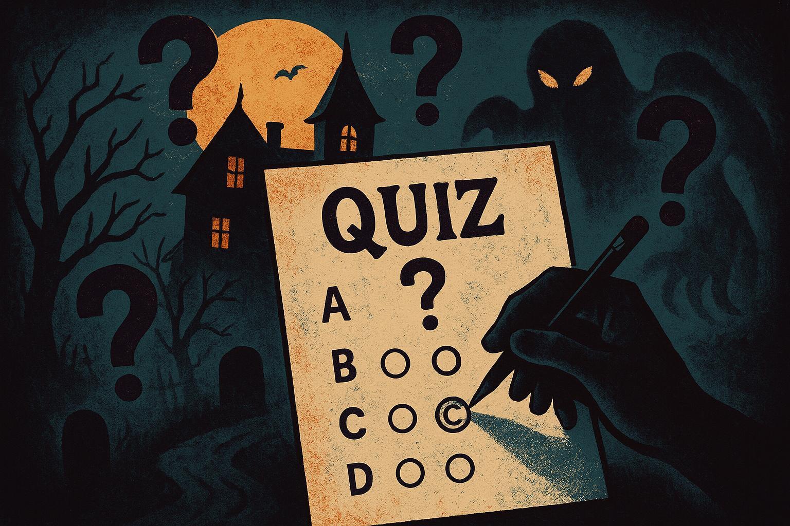 An illustration combining elements of a quiz (like question marks, multiple choice bubbles, quiz sheet) with classic horror imagery (shadows, spooky house silhouette, subtle monster shape in background). Style: Stylized illustration with a slightly spooky but fun tone.