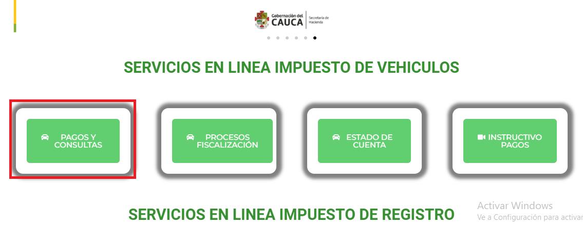 Pagina de liquidación impuesto vehicular en el Cauca 2025. 