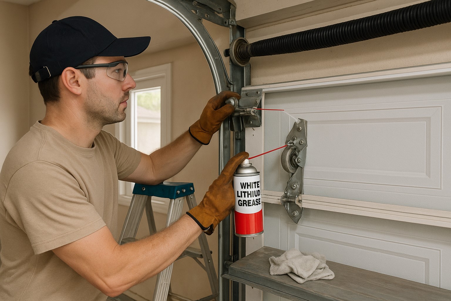 Garage door maintenance technician applying white lithium grease to hinges and rollers to ensure smooth and quiet operation.
