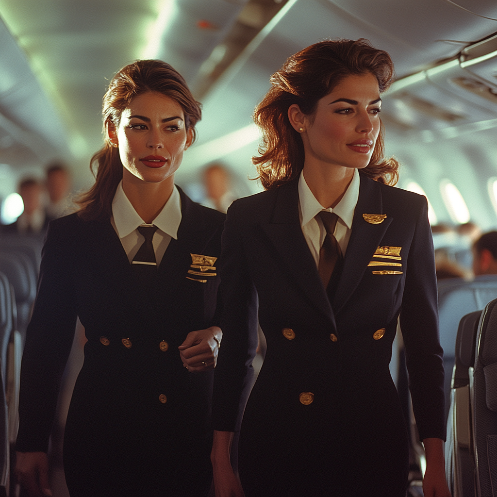 A chief purser and a flight attendant walking together | Source: Midjourney