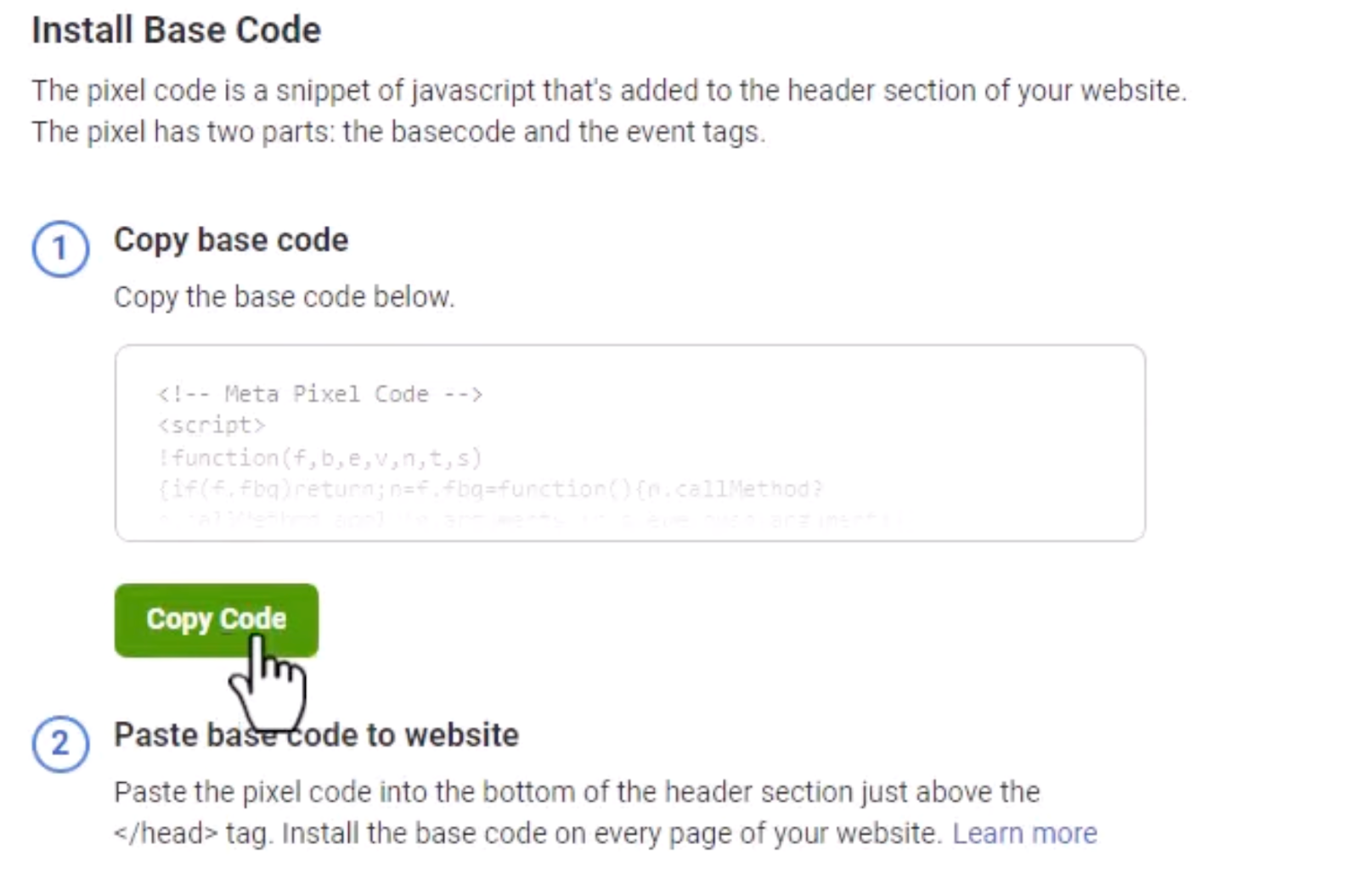 The Copy code button where your Meta Pixel's code can be copied to your clipboard