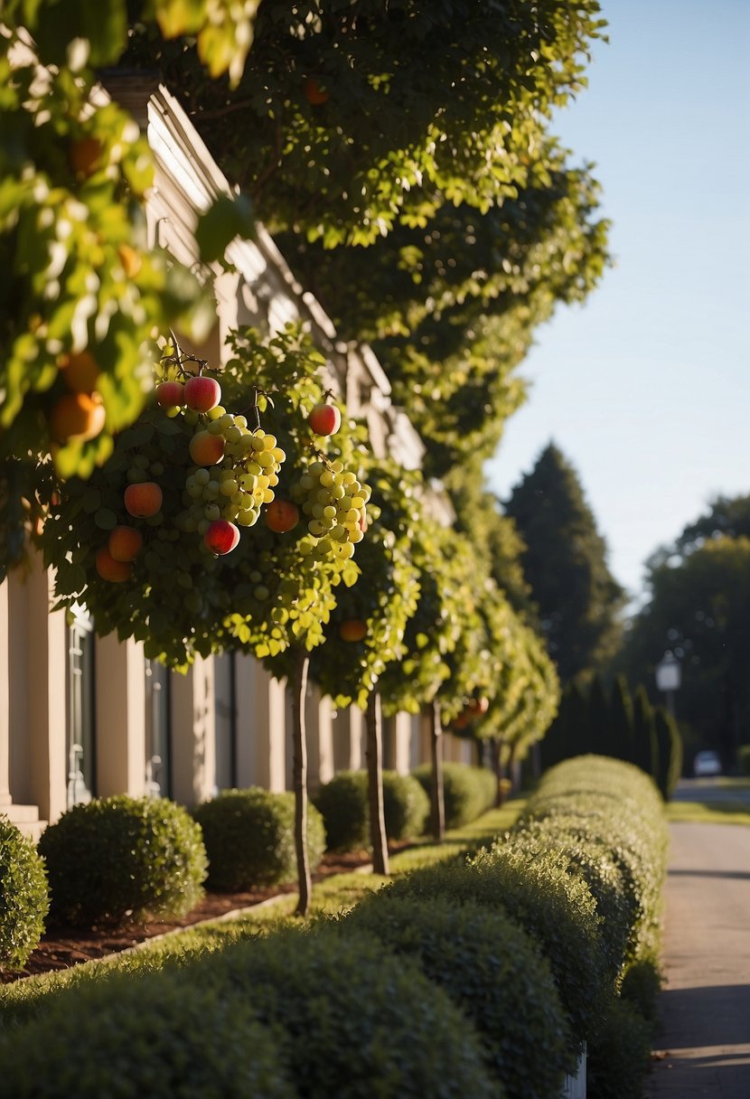 A row of fruit-bearing trees lines the front of a house, creating a picturesque landscape