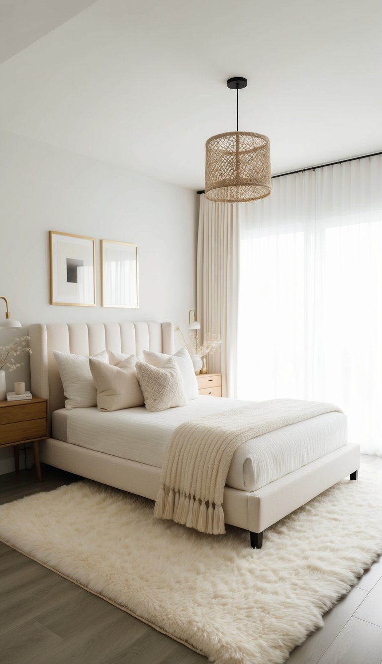 A creamy white rug anchors a serene bedroom with soft, neutral tones and minimalist decor