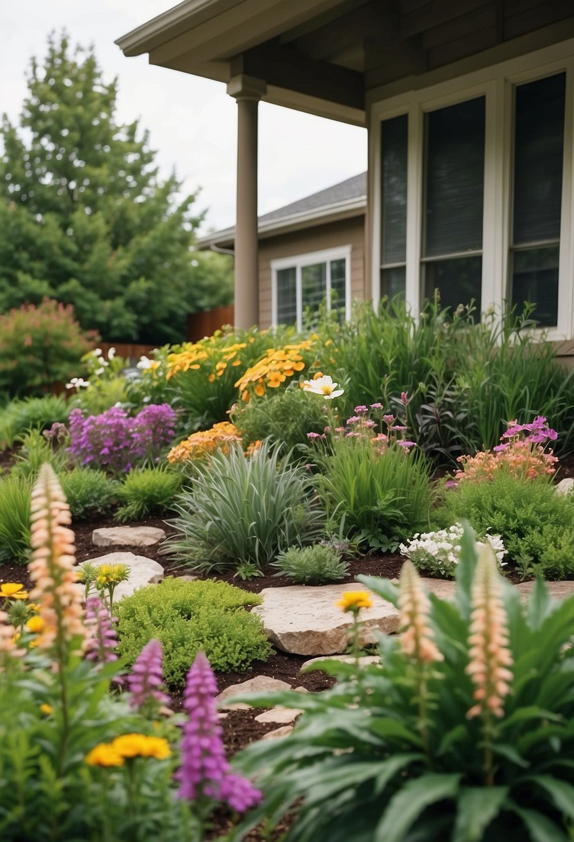 A variety of native plants, including colorful flowers and lush greenery, are carefully arranged in the front yard of a house, creating a beautiful and natural landscape